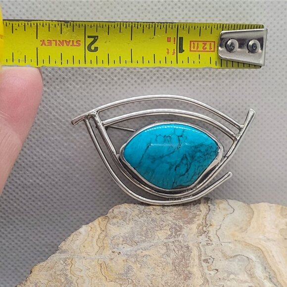 Vtg Modernist Artisan Signed Sterling Silver Turquoise Brooch - Picture 4 of 7